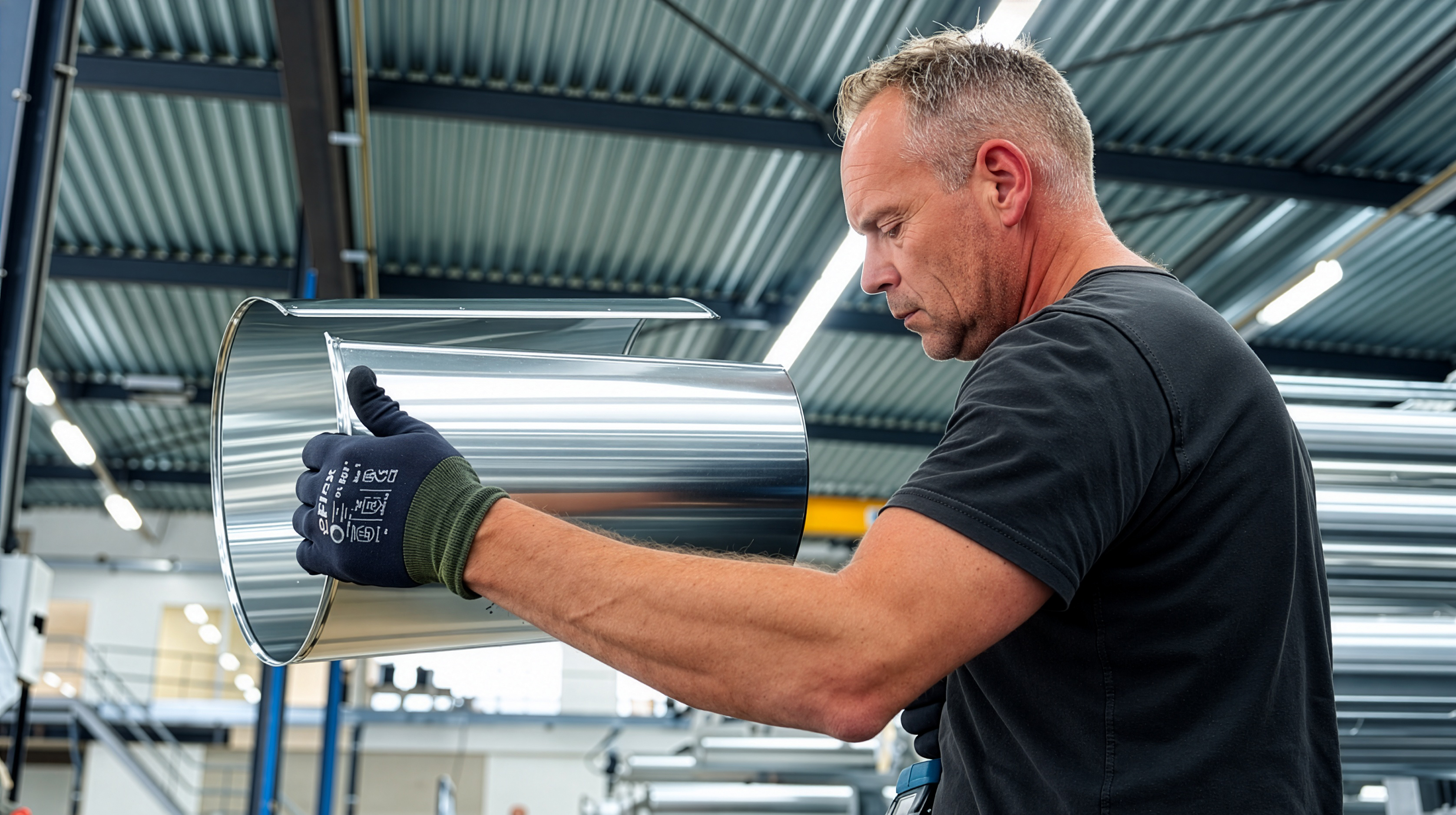 Medewerker controleert een gerolde aluminium ommanteling in de productiehal
