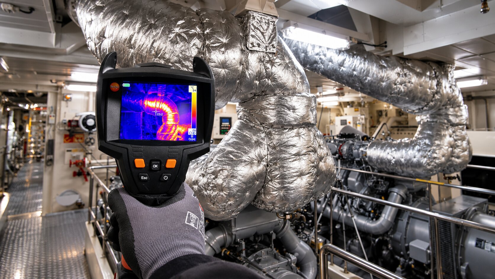 Hand met warmtebeeldcamera van testo meet geïsoleerde uitlaatleidingen in een machinekamer