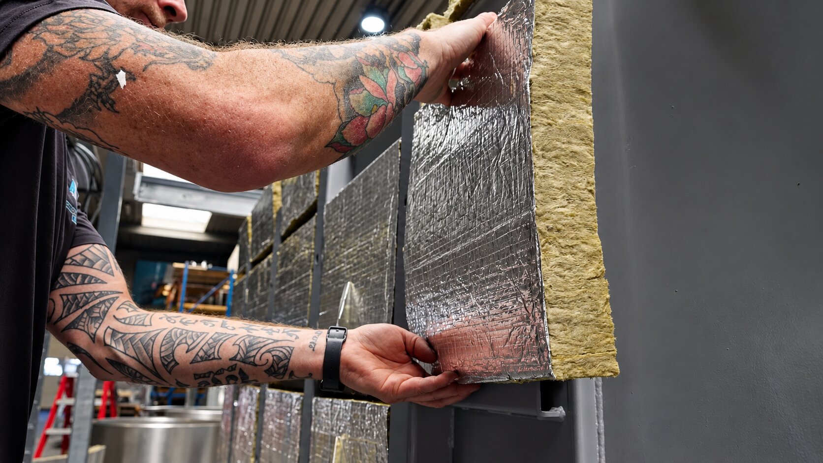 Close-up van een hand in werkhandschoen die met een rolmaat met aluminiumfolie beklede isolatie opmeet