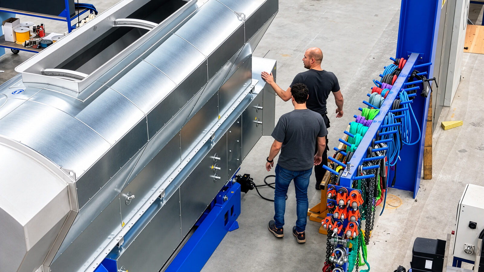 Twee medewerkers bij een machine met glanzend afwerkplaatwerk van Vinke Isotechniek