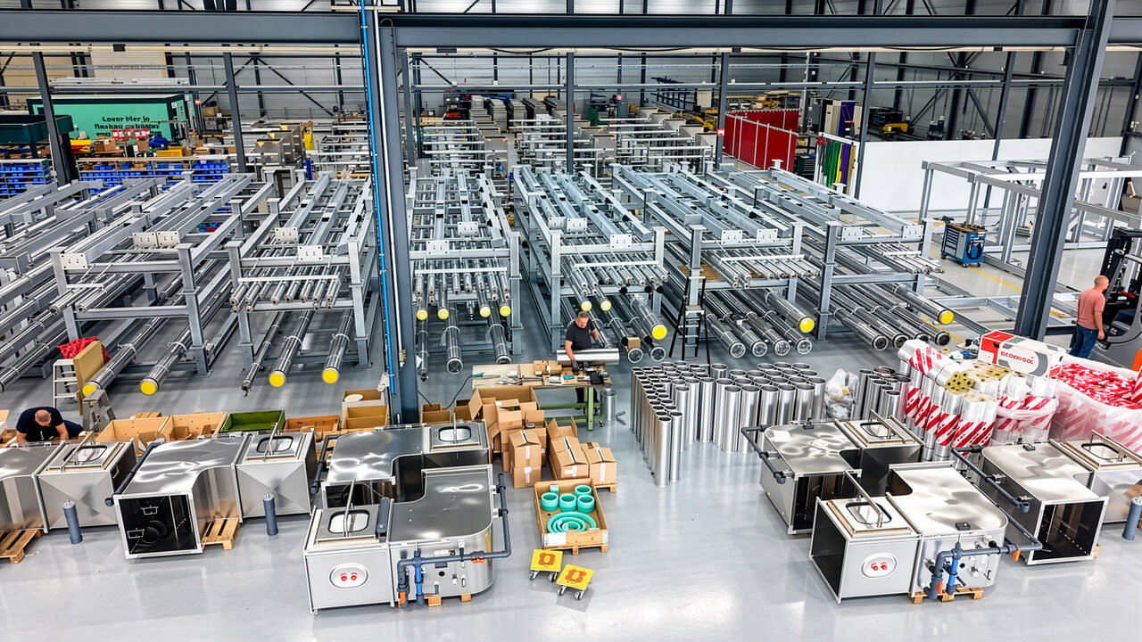 Werkplaats van Vinke Isotechniek met frames, leidingen en geïsoleerde units